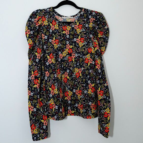 LOFT Tops - LOFT Petites Dark Floral Blouse puff long sleeves gauzy Cottage Boho Fairy MP
